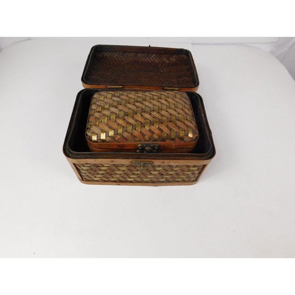 Vintage Bombay Set of 2 Nesting Wood Metal Woven Storage Boxes Hinged Lids Latch - Picture 2 of 16